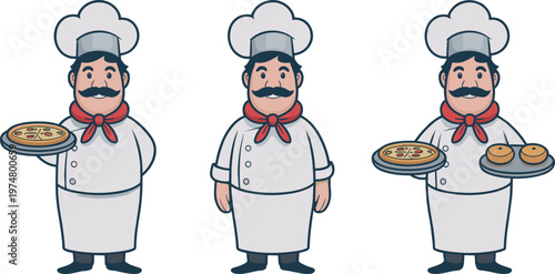Cartoon chef character set holding pizza and burgers, cook mascot illustration isolated on white background for restaurant branding design