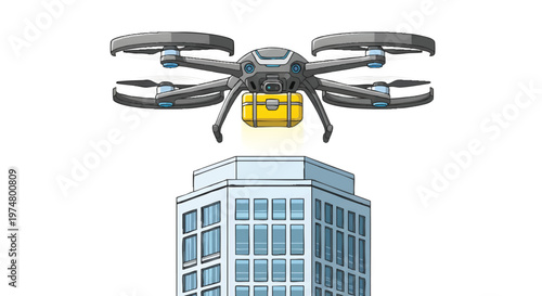 Drone delivering package to office building with glass facade