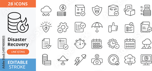 Disaster recovery line icons set, data protection backup security system cloud storage risk management editable stroke vector collection