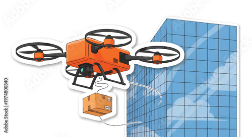 Drone delivering package to building, modern logistics concept