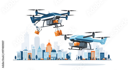 drones flying over cityscape with packages delivery