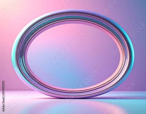 A smooth, iridescent oval frame made of a reflective material is centered against a soft, gradient background. The backdrop transitions from pink to blue