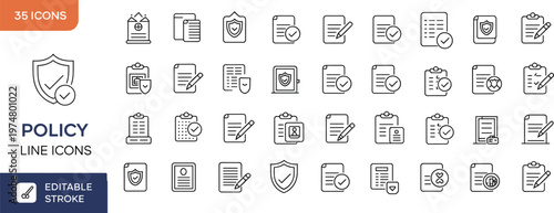 Policy line icons set, legal document outline symbols for compliance, agreement, checklist, contract, security, business rules and governance documentation