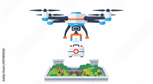 Drone dropping package on garden with flowers and greenery