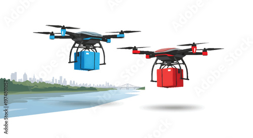 Two drones flying over water with cityscape in background