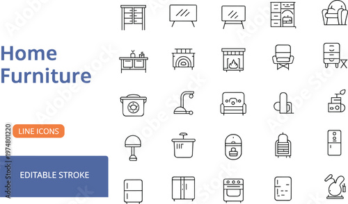 Home furniture line icons set, modern interior outline collection, editable stroke vector, household appliances, minimal design elements for UI UX and web