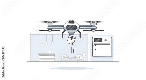 Drone delivering food to kitchen with oven and dishes