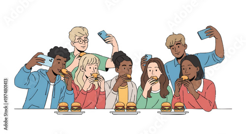 Diverse group of friends eating burgers and taking selfies together