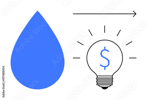 Renewable energy, water conservation, cost efficiency, innovation, sustainability, clean energy. Blue water drop and lightbulb with dollar sign. Renewable energy and water conservation concept