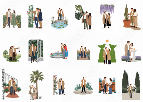 A collection of flat vector illustrations featuring romantic couples and individuals exploring botanical gardens, greenhouses, and scenic outdoor garden landscapes in stylish attire.