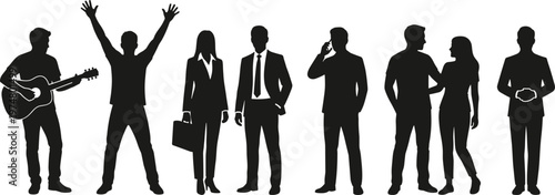Black silhouette set of diverse people including musicians, business professionals, happy individuals, and couples standing together isolated on white background.