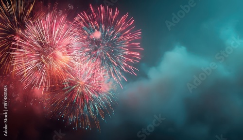 Vibrant Red and Orange Fireworks Exploding in a Dark Teal Sky Amidst Wispy Clouds With Glowing Orbs of Light Reflecting Festive Celebration and Joyful Atmosphere