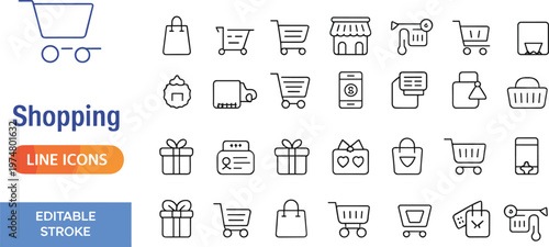 Shopping line icons set, ecommerce symbols, retail store, cart, payment, delivery, online shopping, editable stroke vector illustration collection