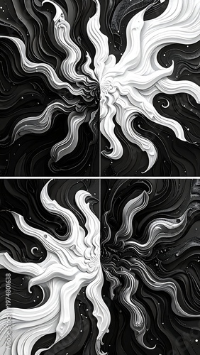 A split composition in monochrome displaying two sun-like shapes mirrored with opposing colors and flowing line art patterns