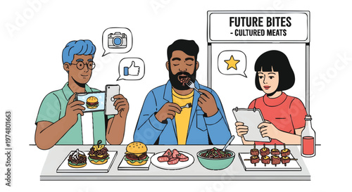 People enjoying cultured meat food at a futuristic restaurant table