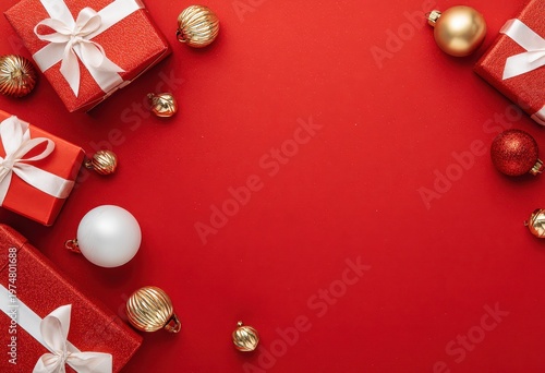 Vibrant Red Background Adorned with Sparkling Christmas Gifts and Ornaments Creating a Festive Holiday Atmosphere Perfect for Seasonal Promotions and Celebrations