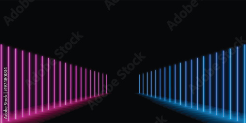 Futuristic neon corridor with glowing pink and blue vertical lines on black. Cyberpunk vector stage perfect for gaming backgrounds, music events, and modern tech-themed digital wallpapers.