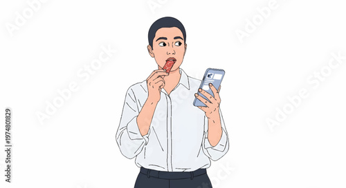 man in white shirt surprised while eating and using smartphone
