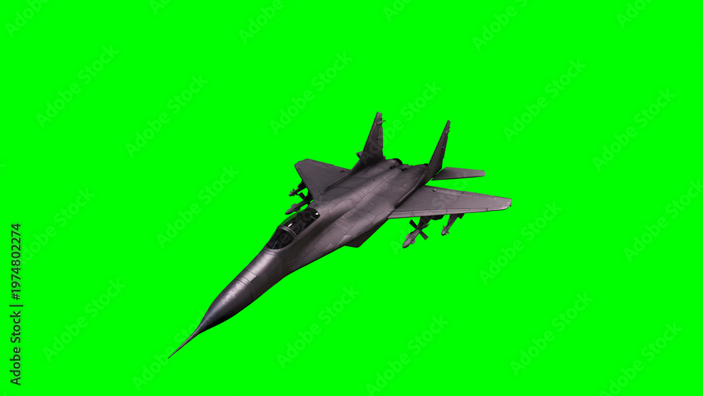 Fototapeta premium Single Fighter Jet Flight on Green Screen Background