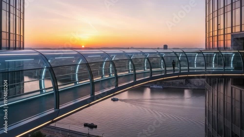 Modern architectural pedestrian bridge at sunrise