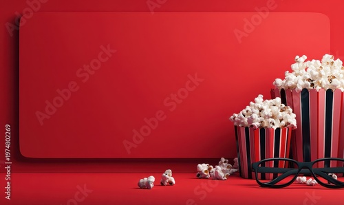 Vibrant Red Cinema Scene With Two Popcorn Buckets Overflowing With Freshly Popped Corn And 3D Glasses On A Red Surface And A Large Red Rounded Rectangular Screen In The Background Ready For Movie