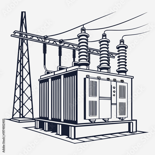 Electrical transformer with transmission tower and lines