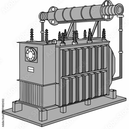Large transformer with radiator and insulators electrical