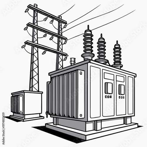 Transformer station with power lines and towers power station