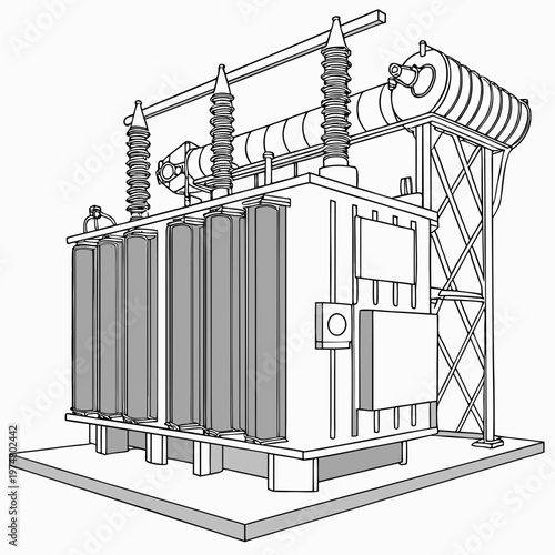 Transformer with tower and insulators electrical power transmission