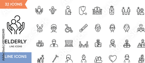 Elderly care line icons set, senior healthcare and support symbols, nursing home, medical assistance, rehabilitation editable stroke vector illustration pack
