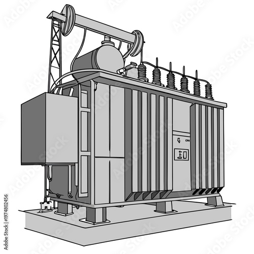 Electrical transformer with insulators and wires on metal structure