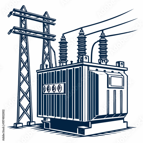 Dark blue of a transformer and tower electrical tower