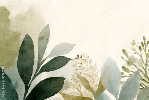 Ethereal Green Watercolor Leaves Corner Border on Beige Paper Background