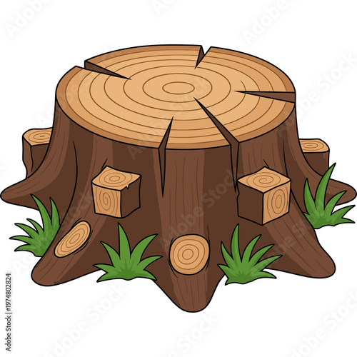 An illustration shows a cut tree stump with grass and wood pieces around it.