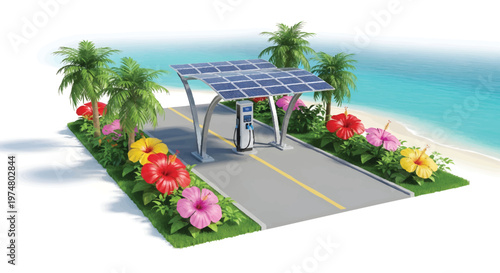 Solar powered charging station on a tropical beach