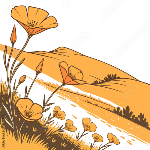 California poppy flowers landscape hills road