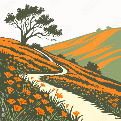California poppy field with winding road and tree orange flowers