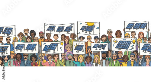 Diverse crowd holding solar panel signs, promoting renewable energy and sustainability