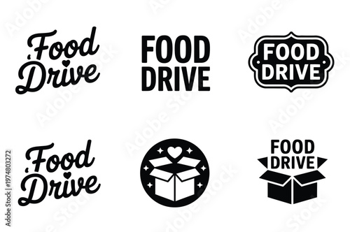 Food drive logos heart and box symbols community support charity donation modern flat vector illustration design.