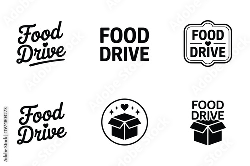 Food drive logos heart and box symbols community support charity donation modern flat vector illustration design.
