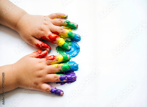 two small child hands pressing painted fingers 