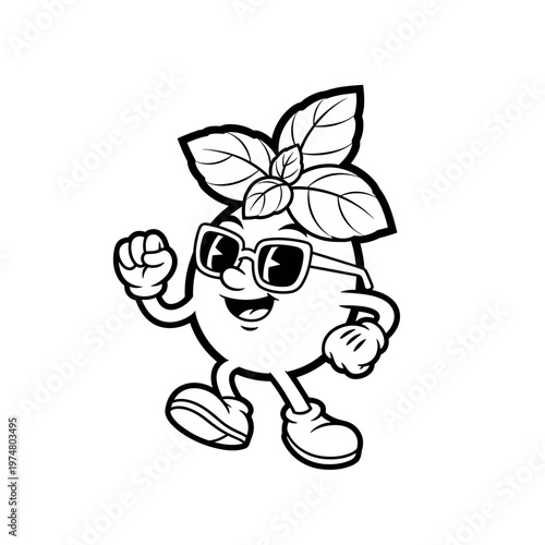 Cool Retro Cartoon Mint Leaf Mascot with Sunglasses Waving Vector Illustration