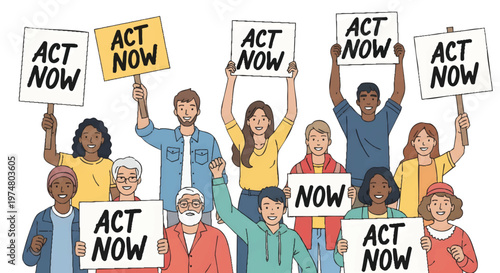 Diverse group of people protesting with Act Now signs