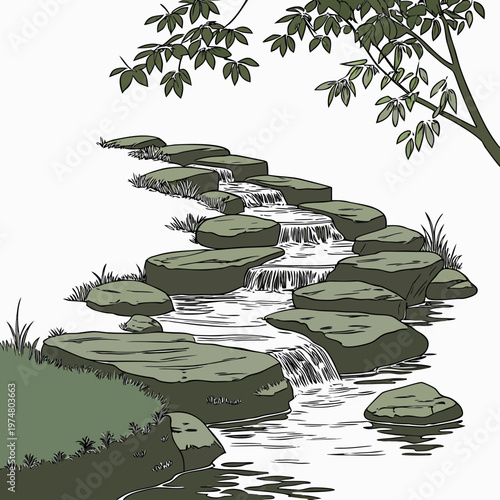 Green of a small waterfall and stream stones