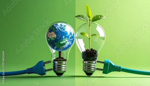 A split image of two lightbulbs, one holding the earth, the other a growing plant, symbolizing eco-consciousness