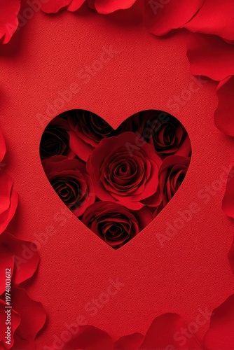 Vibrant Red Heart Shape Filled with Deep Red Roses Surrounded by Red Rose Petals and Glittering Textured Background A Symbol of Love and Romance Perfect for Valentine's Day or Special Occasions