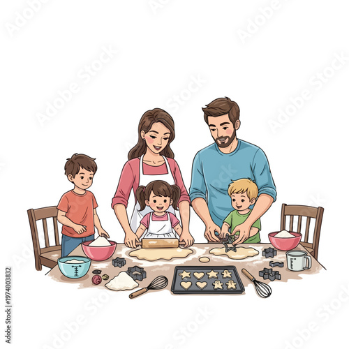 Family makes cookies together, rolling dough and using cutters on a kitchen table