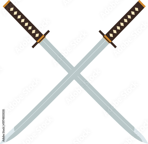 Two crossed katana swords with traditional black and gold handles.