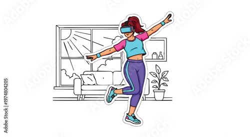 Woman wearing VR headset and experiencing virtual reality at home