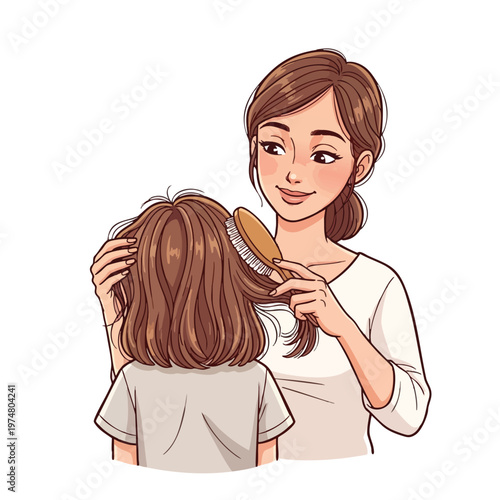 A mother gently brushes her child's tangled brown hair with care